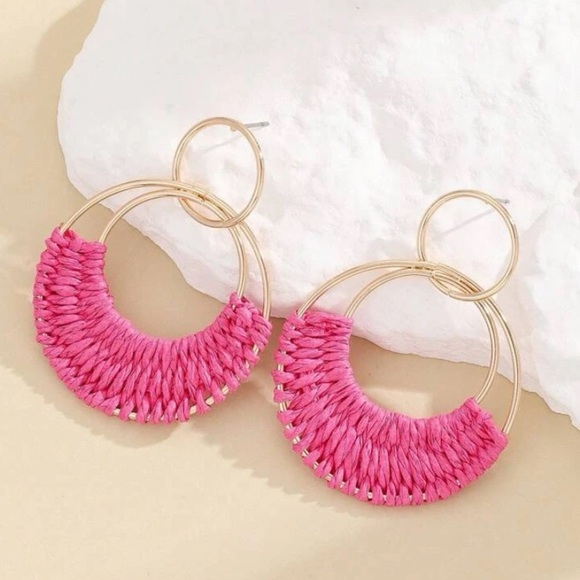 Pink Raffia Hoop Earrings - Picture 2 of 5